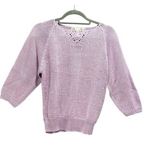 Vintage Scenario Lavender Knit Sweater V-Neck Crochet‎ Trim Purple L Pastel